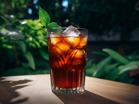 Iced tea with ice cubes in a glass on wooden table.