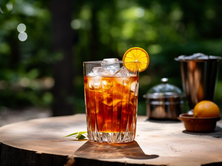 Iced tea with lemon on a wooden table in the garden.の写真素材