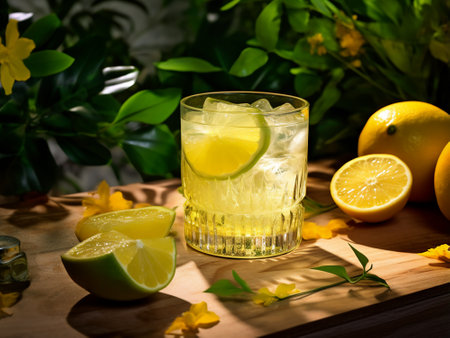 Cocktail with lemon, lime and ice on a wooden tableの写真素材