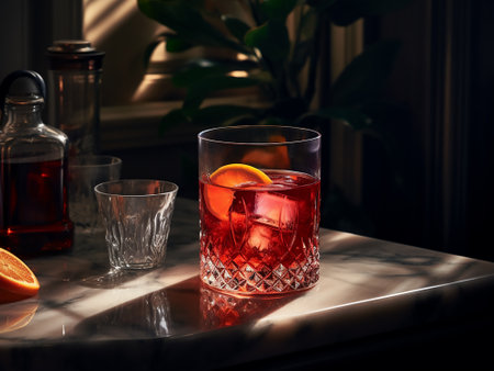 Cocktail in a glass on a table in a dark roomの写真素材