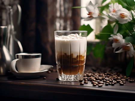 Coffee in a glass on a wooden table with coffee beans