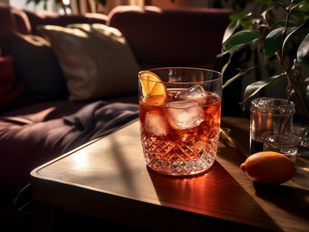 Cocktail with ice and lemon on a wooden table in a cafeの写真素材