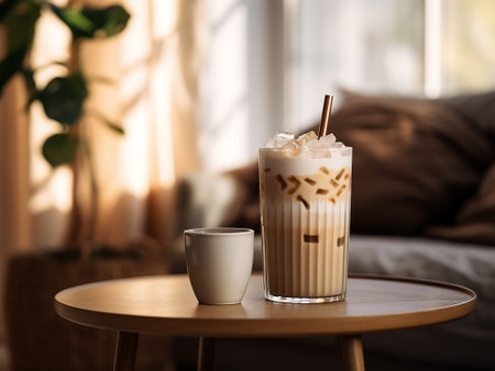Iced coffee with milk on the table in the living room.の写真素材