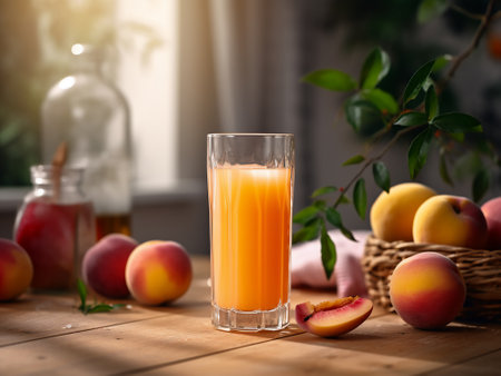 Glass of fresh peach juice and fresh fruits on wooden table. Selective focusの写真素材