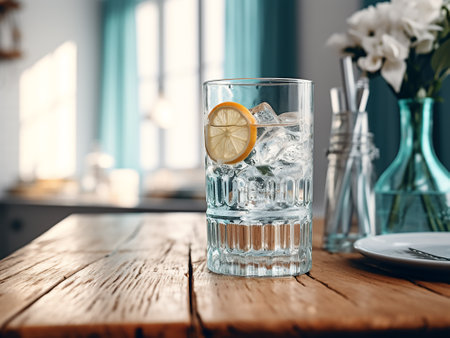 Glass of water with ice cubes and lemon on wooden table in cafeの写真素材