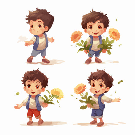 Cute boy with flowers. Vector illustration in cartoon style isolated on white background.のイラスト素材