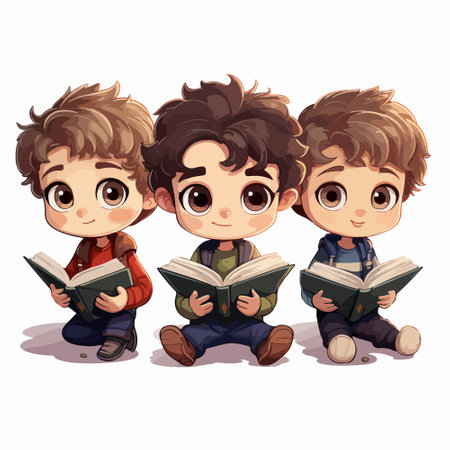 Three boys reading books isolated on white background. Vector cartoon illustration.のイラスト素材
