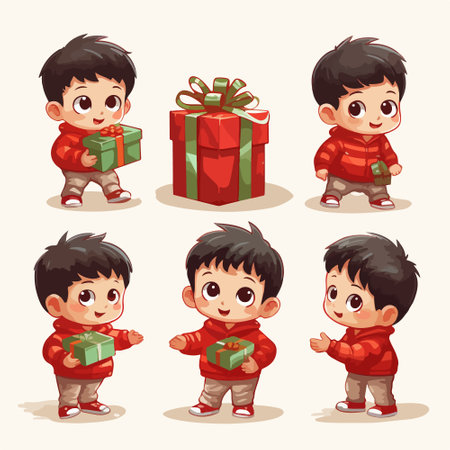 Cute little boy cartoon character holding gift boxes. Vector illustration.のイラスト素材