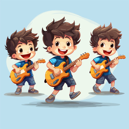 Cartoon boys playing guitar. Vector illustration of kids playing musical instruments.のイラスト素材