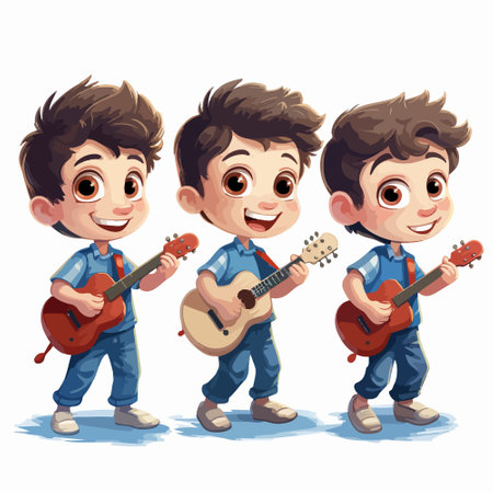 Vector illustration of a group of boys playing guitar and singing on white backgroundのイラスト素材