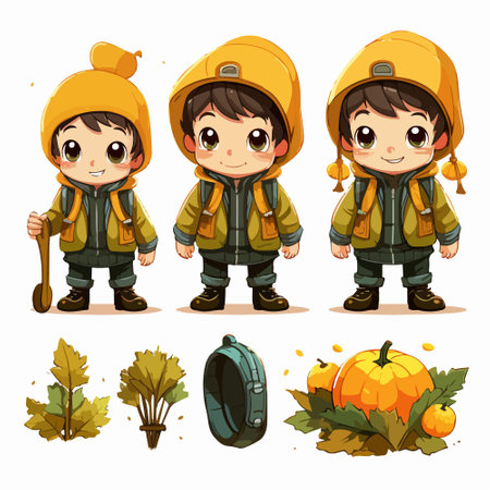 Cute little boy in autumn clothes with pumpkins. Vector illustrationのイラスト素材