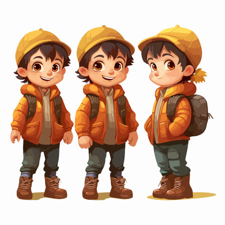 Vector illustration of a boy in a hat and jacket with a backpack.のイラスト素材