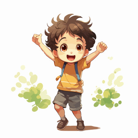 Cute little boy running in the park. Cartoon vector illustration.のイラスト素材
