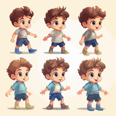 Cute little boy cartoon character set. Vector illustration of a boy in different poses.のイラスト素材