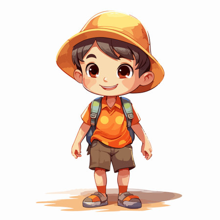 Cute little boy wearing safari hat and holding backpack. Vector illustration.のイラスト素材