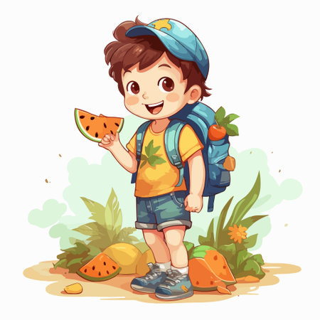 Cute little boy with backpack and watermelon. Vector illustration.のイラスト素材