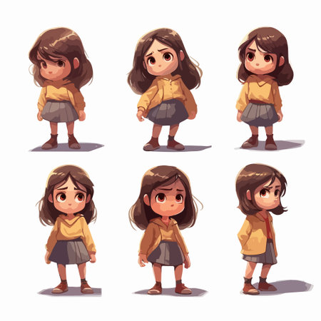 Cute little girl cartoon character in different poses. Vector illustration.のイラスト素材