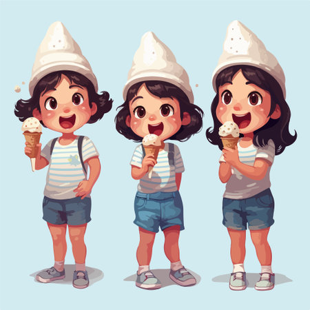 Cute little boy and girl eating ice cream. Vector illustration.のイラスト素材