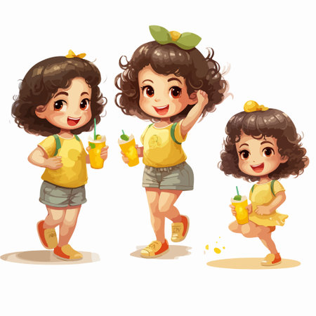 Cute little girls with juice in their hands. Vector illustration.のイラスト素材