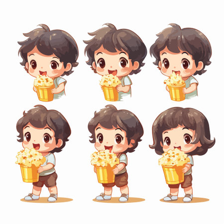 Cute boy cartoon character holding bucket of popcorn. Vector illustration.のイラスト素材