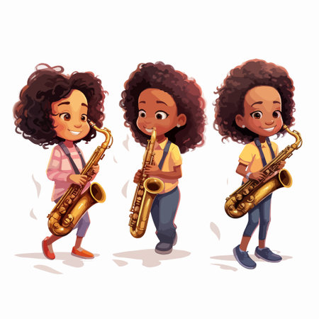 Cute african american little girl playing saxophone. Vector cartoon character illustrationのイラスト素材