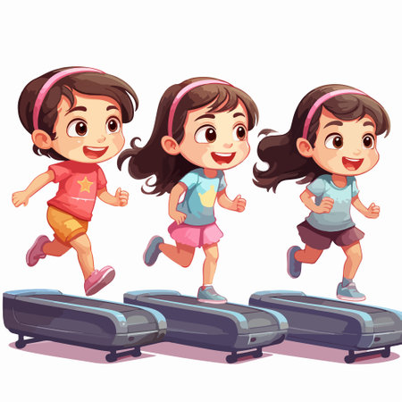 Vector illustration of Cute little girls running on treadmill in cartoon styleのイラスト素材