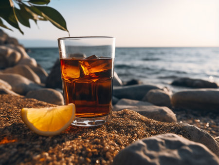 Glass of whiskey with ice cubes and lemon on the beach at sunsetの写真素材