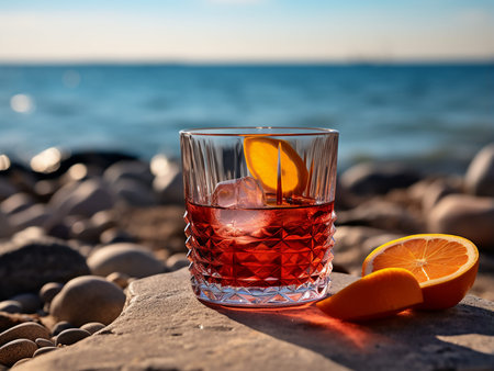 Cocktail with orange and ice on the beach near the sea