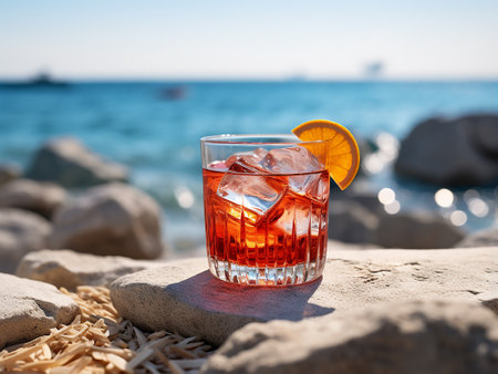 Cocktail on the beach with ice cubes and a slice of orangeの写真素材