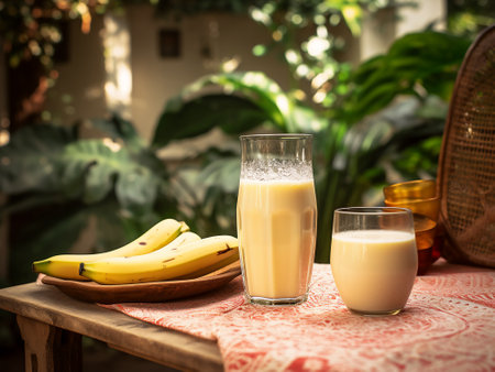 Banana milkshake in a glass with fresh bananas on the tableの写真素材