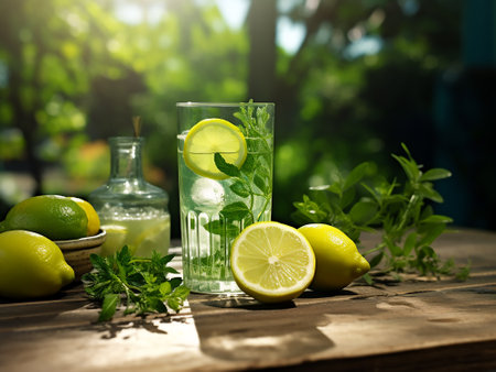 Lemonade with lime, mint and ice on a wooden tableの写真素材