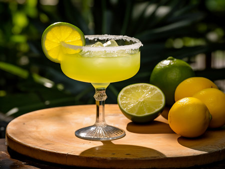 Cocktail with lime, lemon and ice on a wooden tableの写真素材