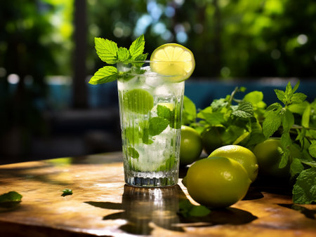 Glass of mojito cocktail with lime and mint on wooden tableの写真素材