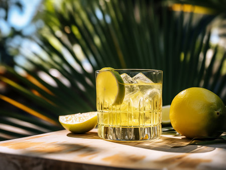 Cocktail with ice and lemon on the background of palm leavesの写真素材
