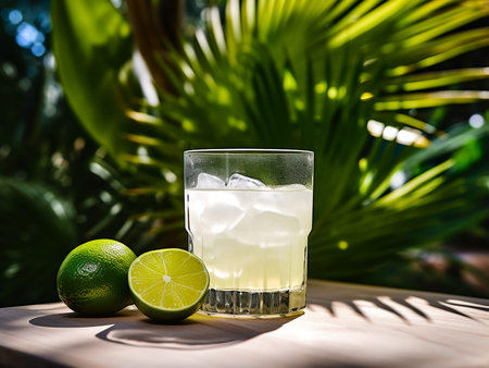 Cocktail with lime and ice on wooden table in garden.
