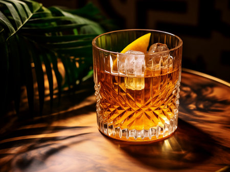 Glass of whiskey with ice cubes on a wooden table with palm leavesの写真素材