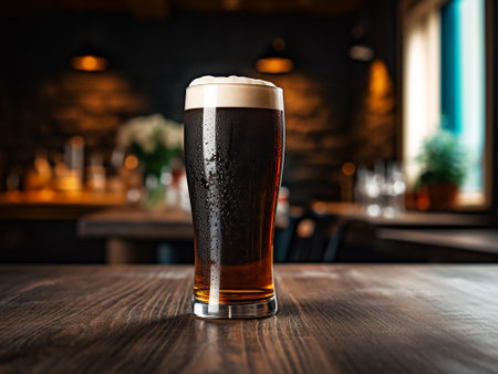 Glass of dark beer on wooden table in pub, bar interior backgroundの写真素材