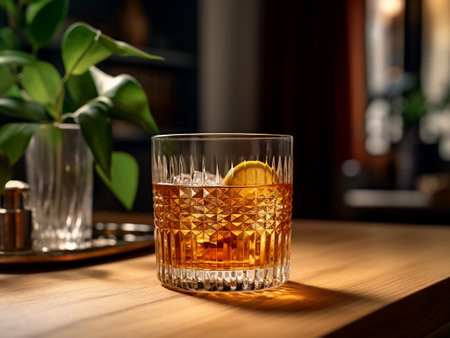 Glass of whiskey with ice cubes and slice of lemon on wooden tableの写真素材