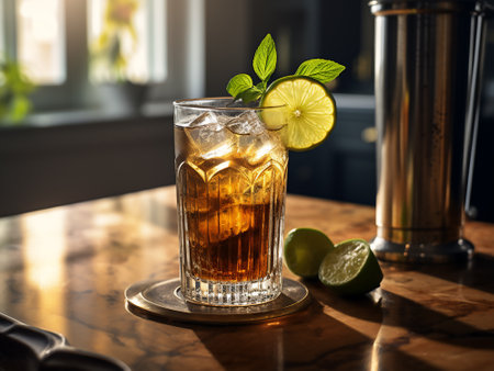 Cuba libre cocktail with lime and mint on the bar counterの写真素材