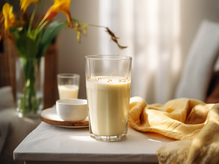 Glass of tasty eggnog on table in room, closeupの写真素材