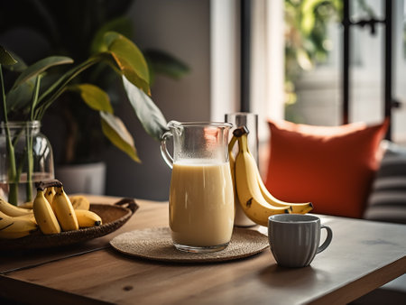 Banana milk in a jug and a cup on a wooden tableの写真素材