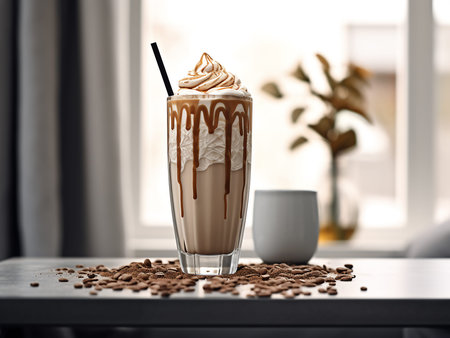 Glass of delicious chocolate smoothie with whipped cream on table in room