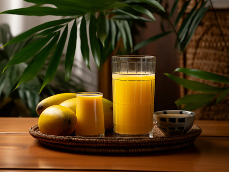 mango juice in a glass on a wooden table with a palm leafの写真素材