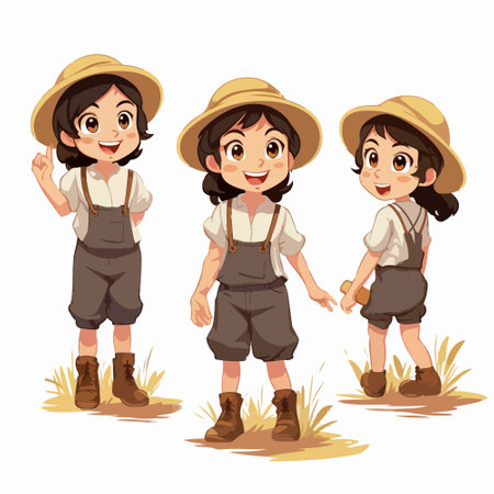 Girl and boy wearing safari outfit cartoon character vector illustration graphic designのイラスト素材