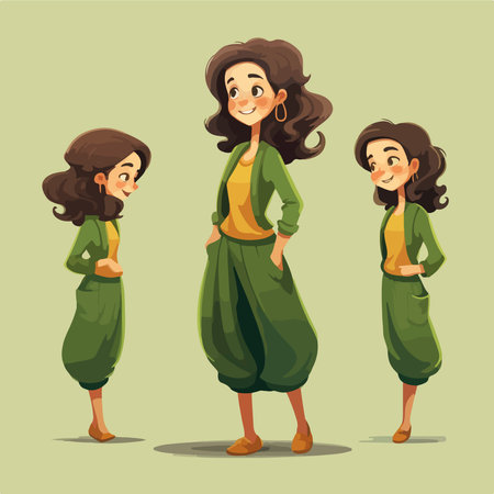 Vector cartoon illustration of Indian woman in green clothes. Girl with long hair.