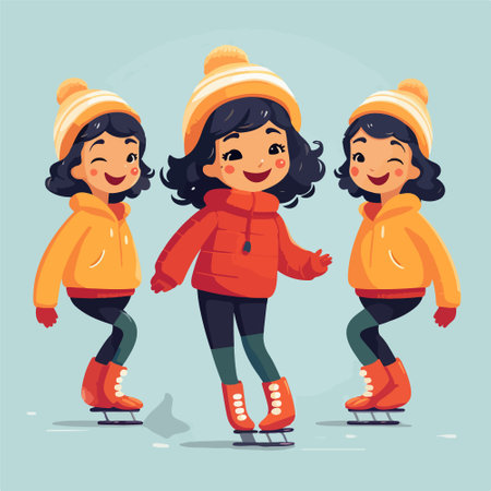 Cute little girls skating on ice rink. Cartoon vector illustration.のイラスト素材