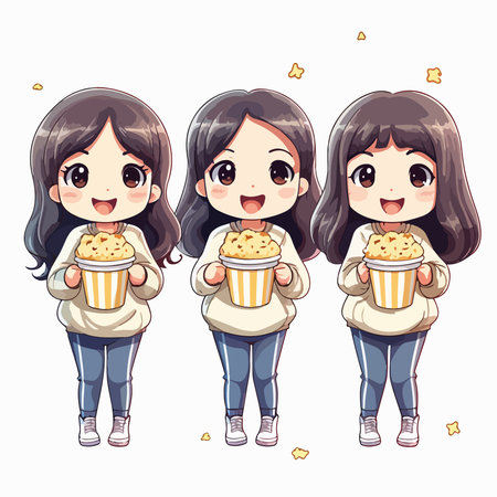 Cute little girls with popcorn. Vector illustration. Cartoon style.