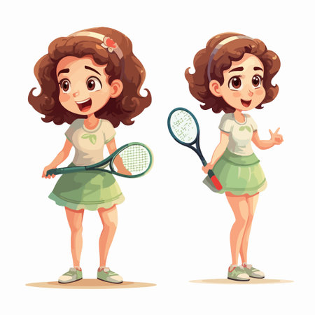 Cute little girl playing tennis. Vector illustration in cartoon style.のイラスト素材