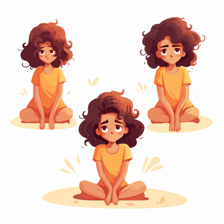 Cute little girl with curly hair sitting in lotus position and meditating vector illustrationのイラスト素材