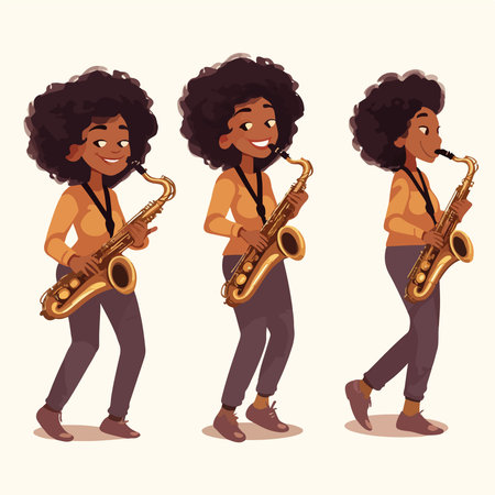 African American girl playing the saxophone. Vector illustration in cartoon style.のイラスト素材